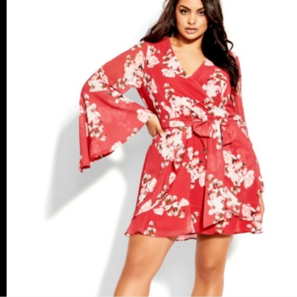 City Chic Sacred Lotus Red Bell Sleeve Dress Size 12 NWT - Picture 2 of 7
